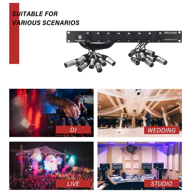 PRORECK Rack Mount TRS XLR Combo Splitter Snake Cable, Suitable for Live, Recording, Stage, Studio (3 Foot x 10 Foot - 8 Channel) PR-8-0310, 1U