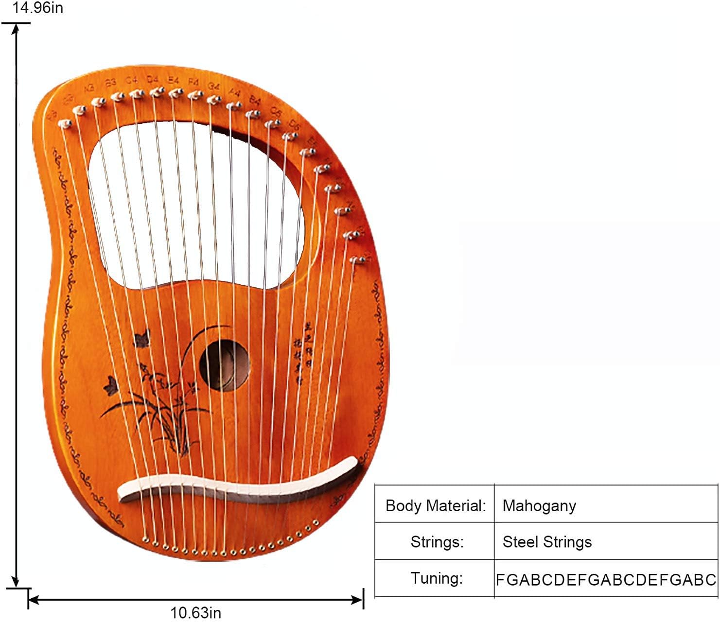 Lyre Harp 19 String Solid Wood String Instrument Heptachord Mahogany with Tuning Wrench, Picks and Bag, Best gift for Beginners Music Lovers (Color : C)