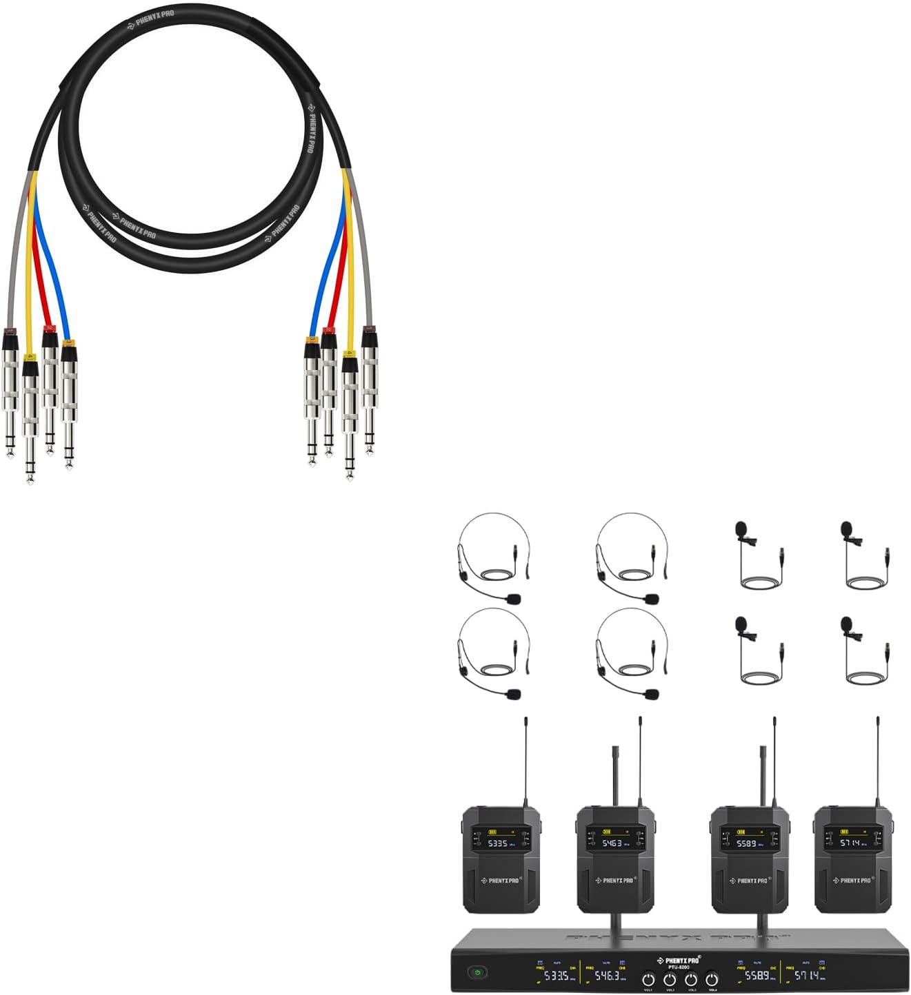 Phenyx Pro 4-Channel Wireless Mic Set PTU-5200-4B Bundled with 6 Ft Snake Cord