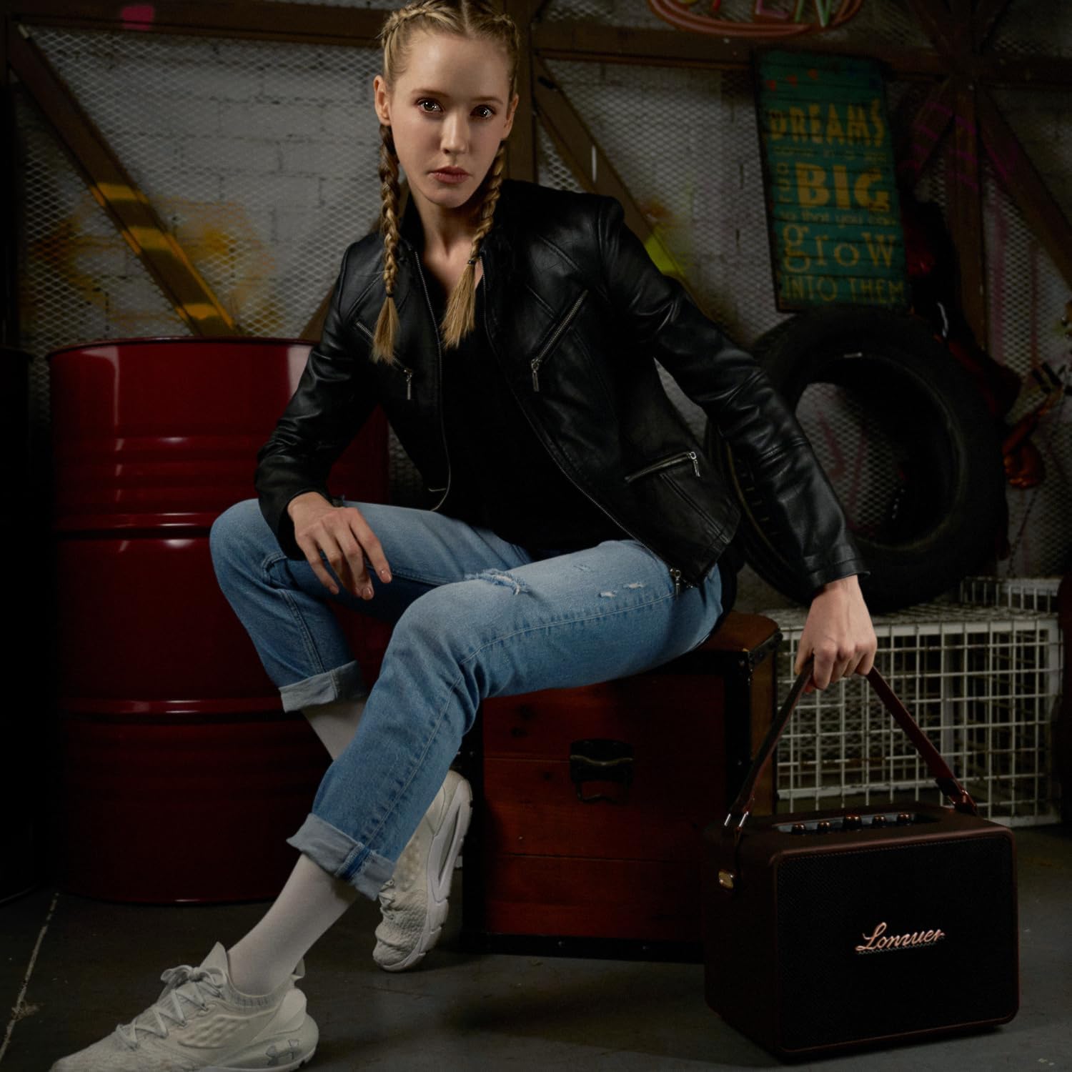 18000mAh Rechargeable 120W Loud Bass Retro Portable Karaoke Machine Bluetooth Speaker with 2 Wireless Microphones AUX Guitar Input for Adults (Brown)