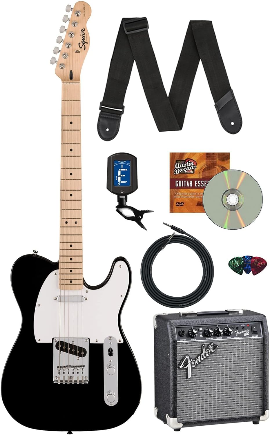 Fender Squier Sonic Telecaster - Black Bundle with Amp, Tuner, Strap, Cable, Picks, and Austin Bazaar Guitar DVD