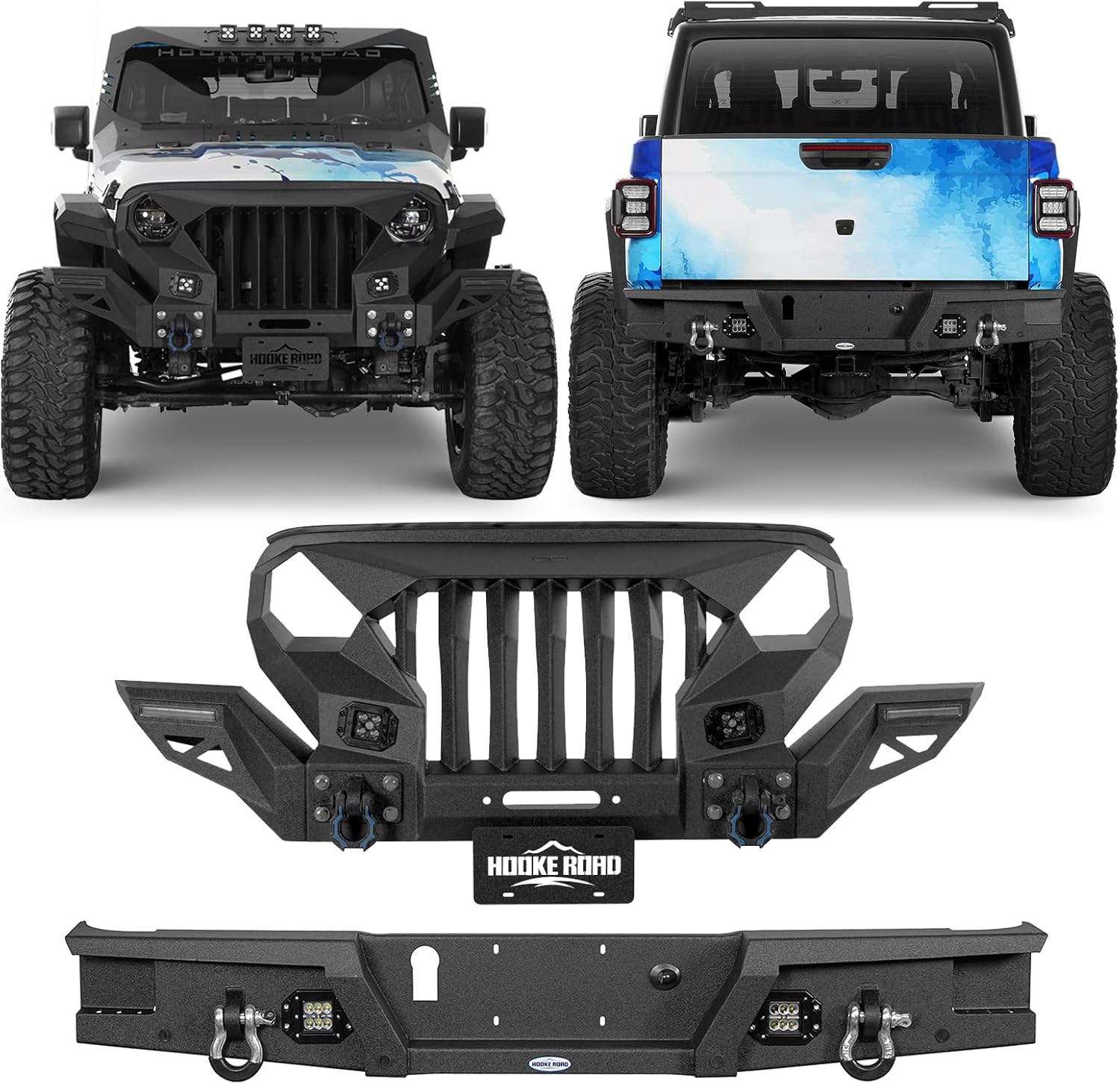 Hooke Road Mad Max Front Bumper (with Wings) & Rear Bumper Kit for Jeep Gladiator JT 2020 2021 2022 2023 2024 2025 Pickup Truck (Textured Black Steel)