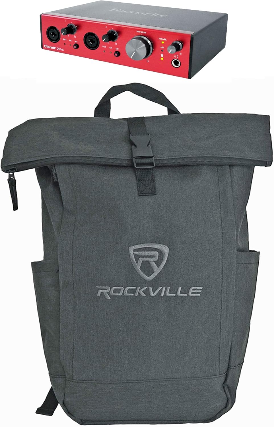 Audiosavings Recording Bundle with Focusrite Clarett+ 2Pre USB-C Interface Dual Mic Preamps with ADAT Input, Rockville RPAK Backpack Padded Laptop Pocket Durable Nylon Build (2 Items)
