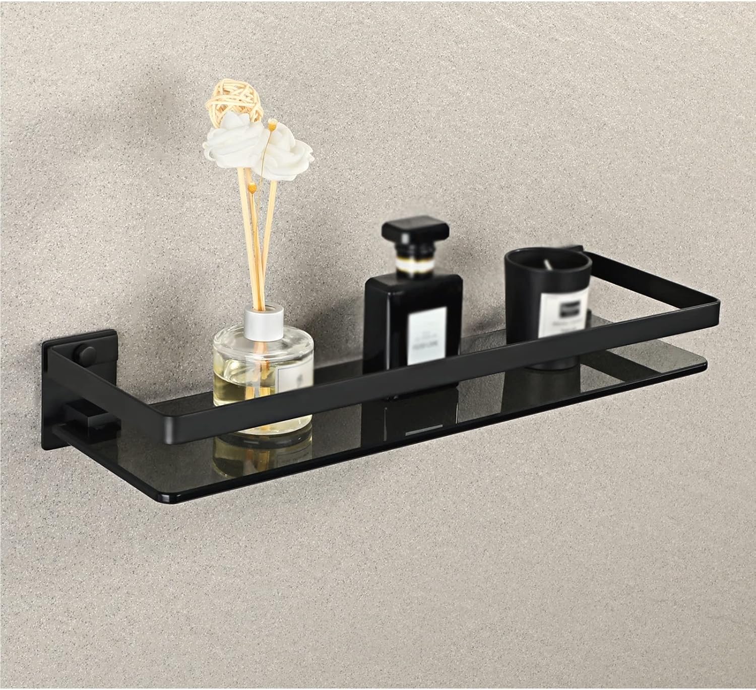 Bathroom Shelf Bathroom Wall Shelf 19.7 in Glass Shelf for Bathroom Floating Shelf Black Stainless Steel Wall Mount Bathroom Organizer Glass Shower Shelf, 1 Pack Bathroom Wall Shelves