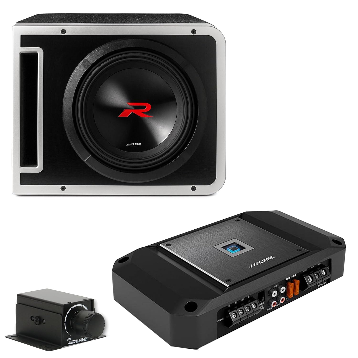 Alpine R2-SB10V 10-inch R-Series Halo Preloaded Sub Enclosure with ProLink™ w/ R2-A75M Amp, Rux Knob Bundle