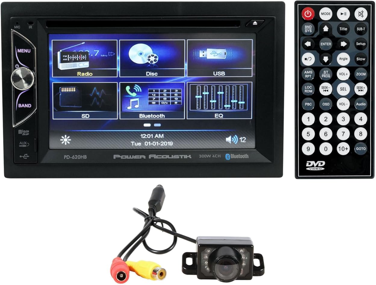 Audiosavings Bundle: Power Acoustik PD-620HB 6.2 Car Monitor DVD/CD Receiver w/Bluetooth/USB/SD/Aux Bundle with Rockville RBC1 Rear View Backup Car Camera, Easy Mount, No Cutting (2 Items)
