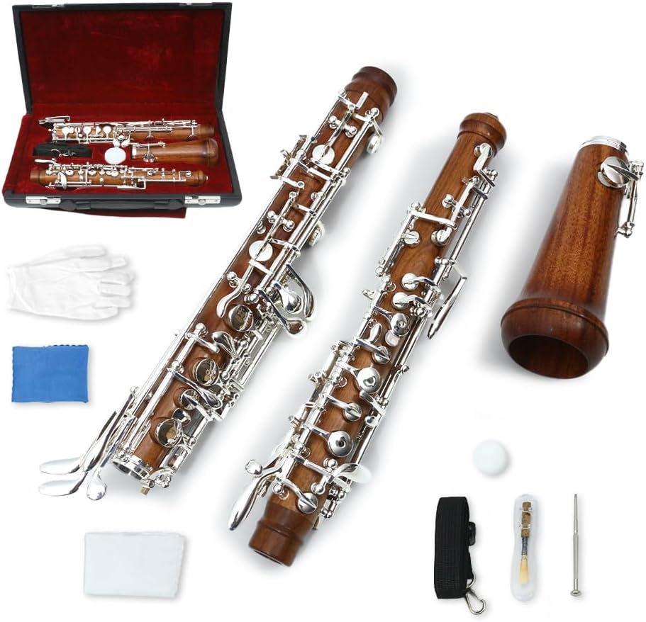 Yinfente Professional Oboe Silver Plated Rosewood C Key Left F Resonance Semi-Automatic Woodwind Instrument With Oboe Reed&Gloves&Leather Case+ Carry Bag&Cleaning Cloth&Cap Cork&Grease&Screwdriver