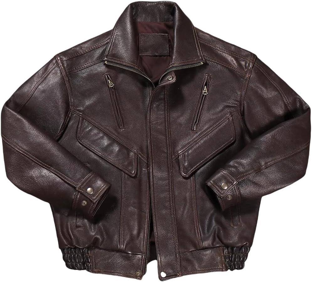 Men Retro Genuine Natural Sheepskin Turn-Down Collar Loose Dark Brown Winter Leather Jacket Coat
