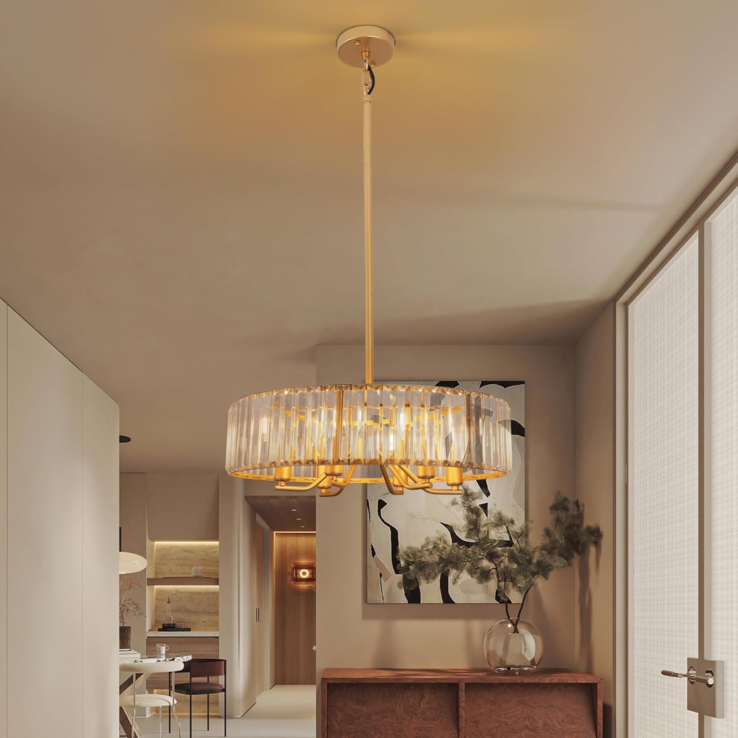 Gold Crystal Chandelier for Dining Room, 6-Light Modern Semi Flush Mount Chandelier Lighting Fixtures, Round Kitchen Hanging Drum Pendant Lights Ceiling for Bedroom Entryway Foyer, E12 Base, 19.7 Inch