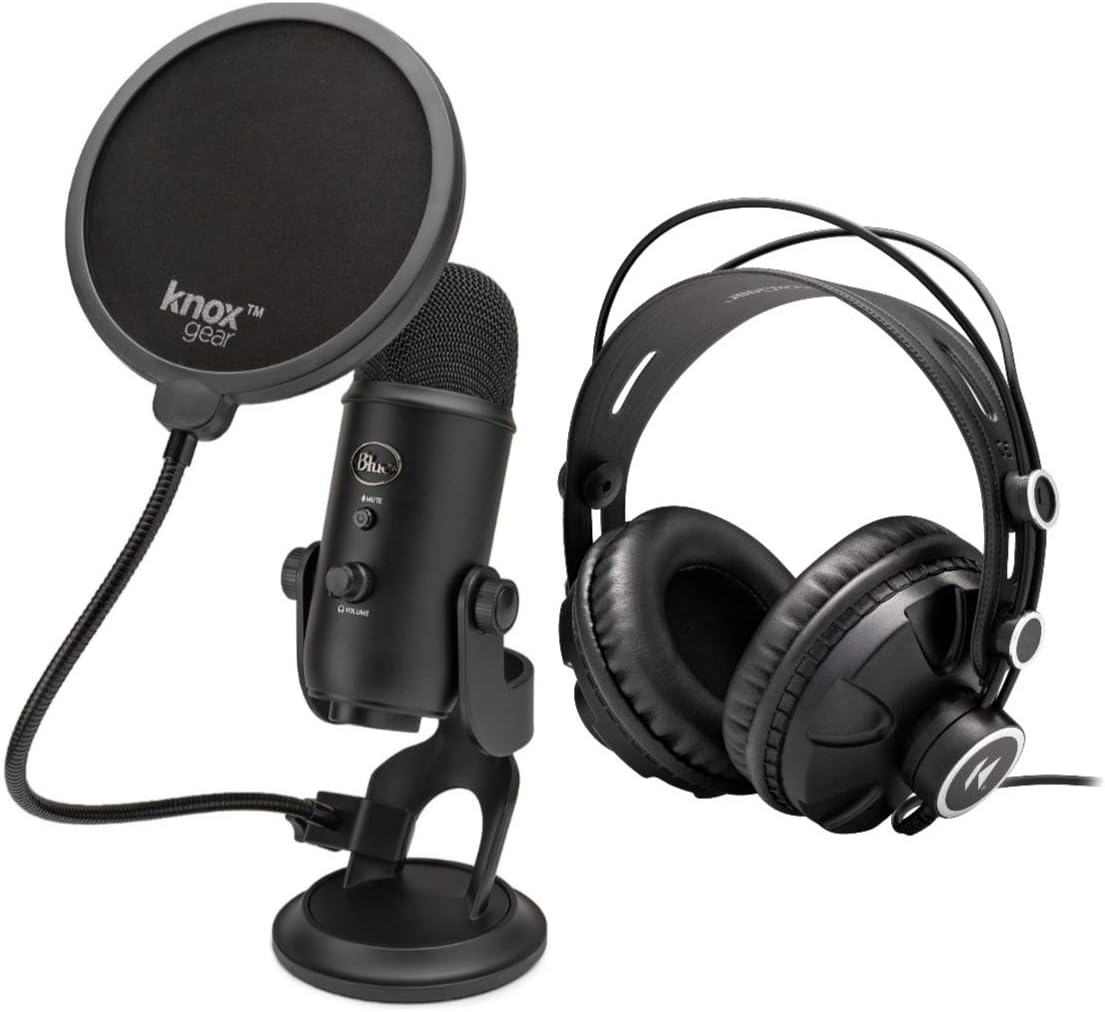 Blue Yeti USB Microphone (Blackout) Bundle with Focus Pro Audio Headphones and Pop Filter (3 Items)