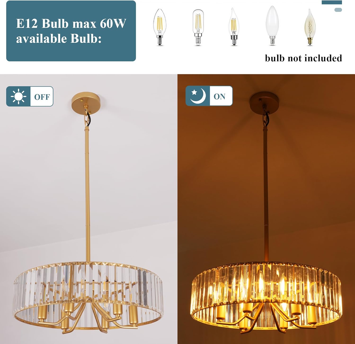 Gold Crystal Chandelier for Dining Room, 6-Light Modern Semi Flush Mount Chandelier Lighting Fixtures, Round Kitchen Hanging Drum Pendant Lights Ceiling for Bedroom Entryway Foyer, E12 Base, 19.7 Inch