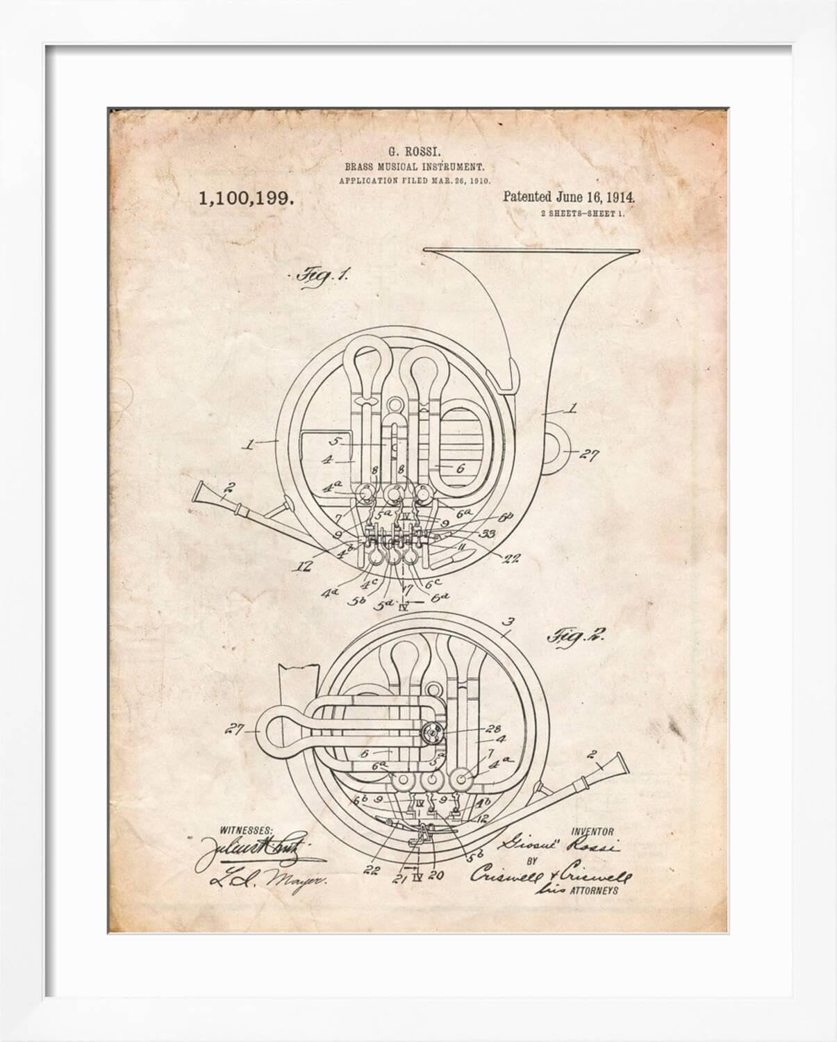 ART.COM Wall Art Print French Horn Instrument Patent on White Frame by Cole Borders, 32