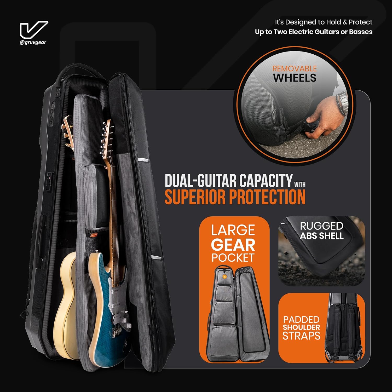 Gruv Gear Kapsule Duo Travel Case for 2 Electric Bass – Removable Wheels, Rugged ABS/PC Shell, Large Gear Pocket & Padded Shoulder Straps – Gig Bag with Global Recovery Tag – Black