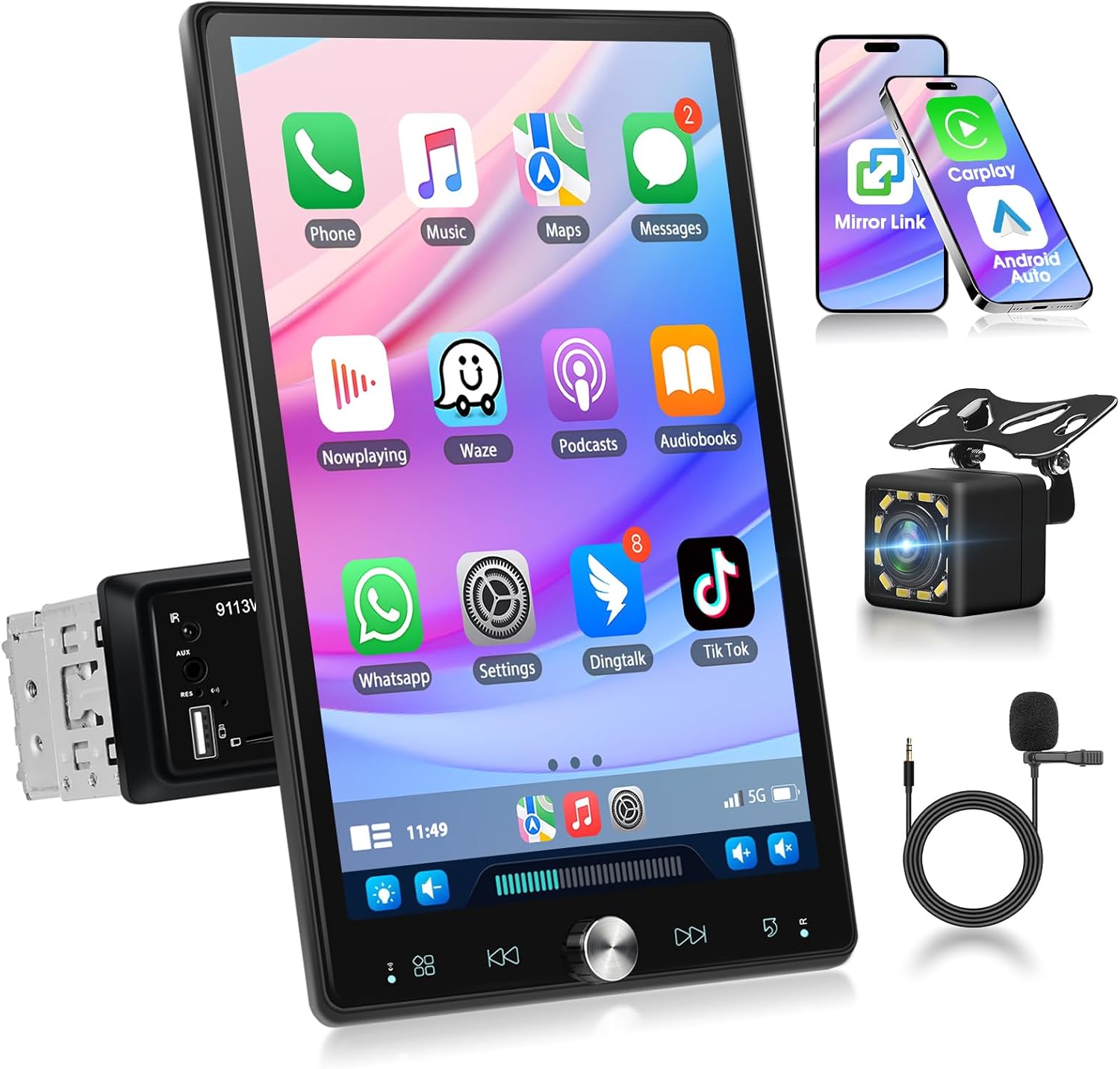 10.4 Inch Single Din Car Stereo, 2.5D Rotatable Touchscreen Auto Radio with Wireless CarPlay & Android Auto，Bluetooth Audio Receiver with Mirror Link, FM Radio, EQ, Dual USB/AUX/TF/MIC, SWC