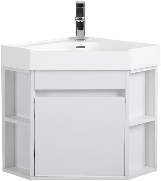 Tennant Brand 18 Inch Wall Mount Corner Bathroom Vanity with Matte Solid Surface (White)