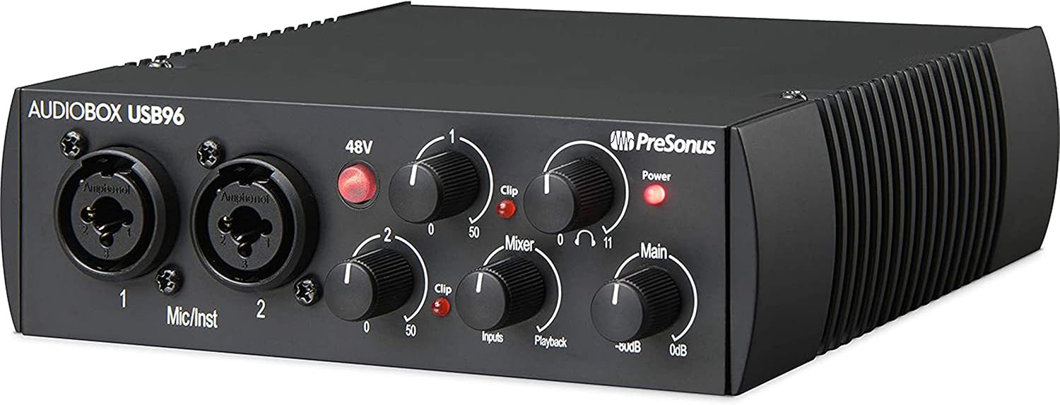 PreSonus AudioBox USB 96 Black USB Audio Interface 2-Channel 24-bit/96kHz USB 2.0 Recording with 2 Instrument/Microphone Preamps with Gravity Magnet Phone Holder and EMB XLR and 1/4