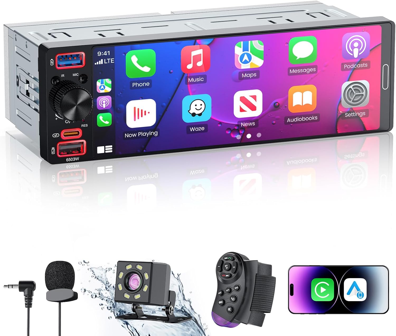 6.9“Single Din Radio Car Stereo with Apple CarPlay & Android Auto, Car Radio UHD in-Cell Touchscreen, 1080P Backup Camera, Mirror Link, Bluetooth 6.0, GPS, AM&FM, USB & Type-C Fast Charging, EQ, SWC