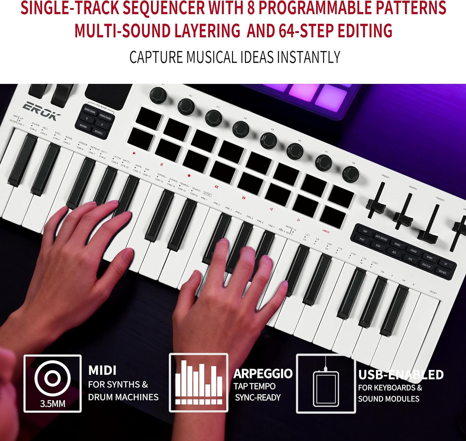 EROK 37 Keys MIDI Keyboard Controller with 3.5mm MIDI Output, 16 Backlit Drum Pads, 8 Knobs, DAW Integration & Arpeggiator, Music Production Equipment and Studio Controller (White)