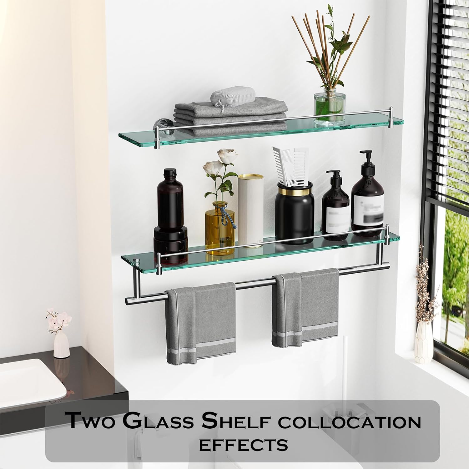Glass Shelf for Bathroom 2 Pack,24-Inches Floating Glass Shelves Towel Bar/Track(Chrome Polished)