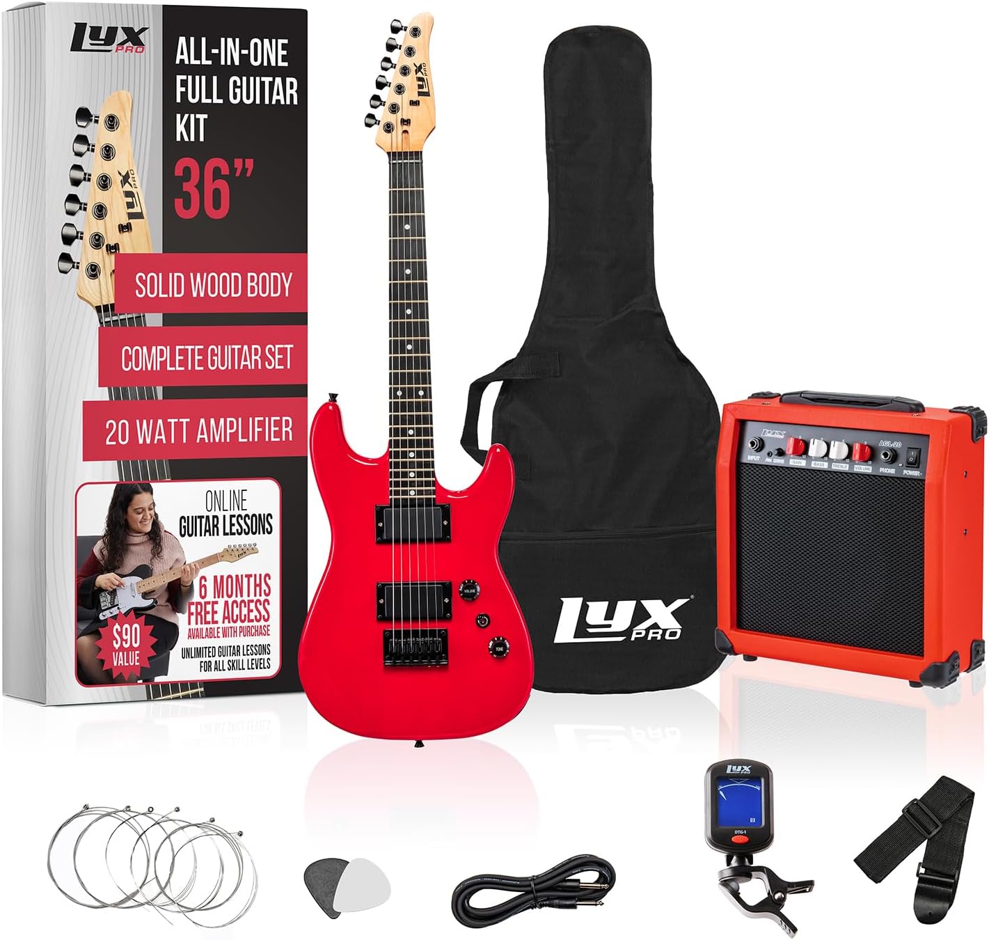 LyxPro 36 Inch Electric Guitar and Kit for Kids with 3/4 Size Beginner’s Guitar, Amp, Six Strings, Two Picks, Shoulder Strap, Digital Clip On Tuner, Cable and Soft Case Gig Bag -Red