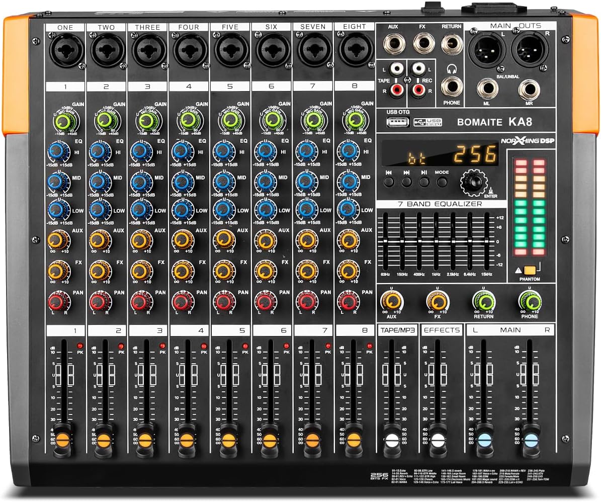 KA8 Professional 8-Channel Mixer Audio Interface with Digital USB, MP3, Bluetooth Input, and 48V Phantom Power – Ideal for DJs, Churches, Schools, and Parties – Pro Level Performance