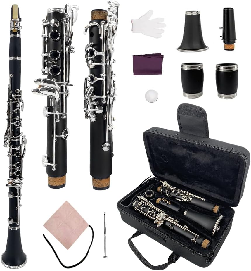 Yinfente Professional Ebonite Clarinete A Key Clarinet for Beginner Students with 2 Barrels Hard Case Cleaning Kit Mouthpice Cork Grease Gloves