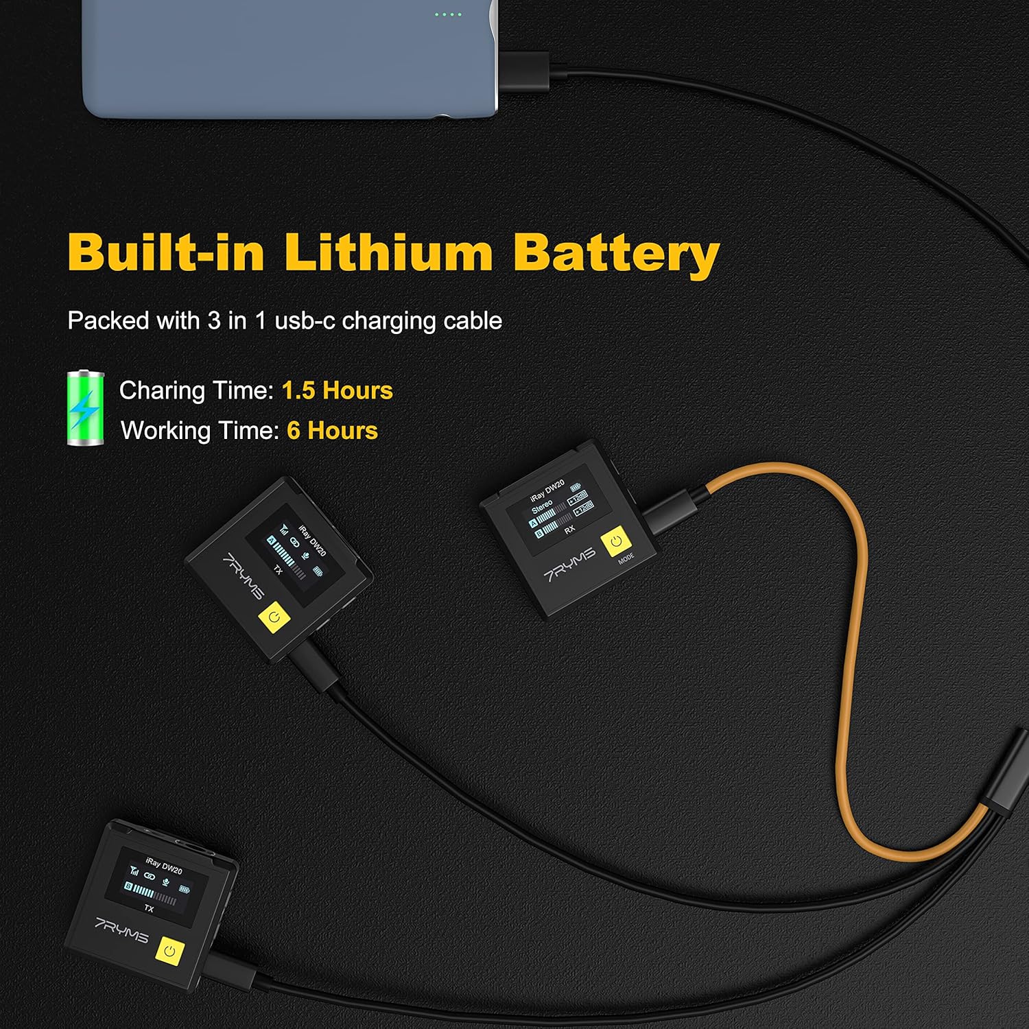 7RYMS iRay DW20 Wireless Lavalier Microphone with Intelligent Denoise, Digital/Analog Output, 2.4G Dual Wireless Lapel Mic for Camera Smartphone Tablet, Compact Lav Mic for Vlogging/Live Streaming