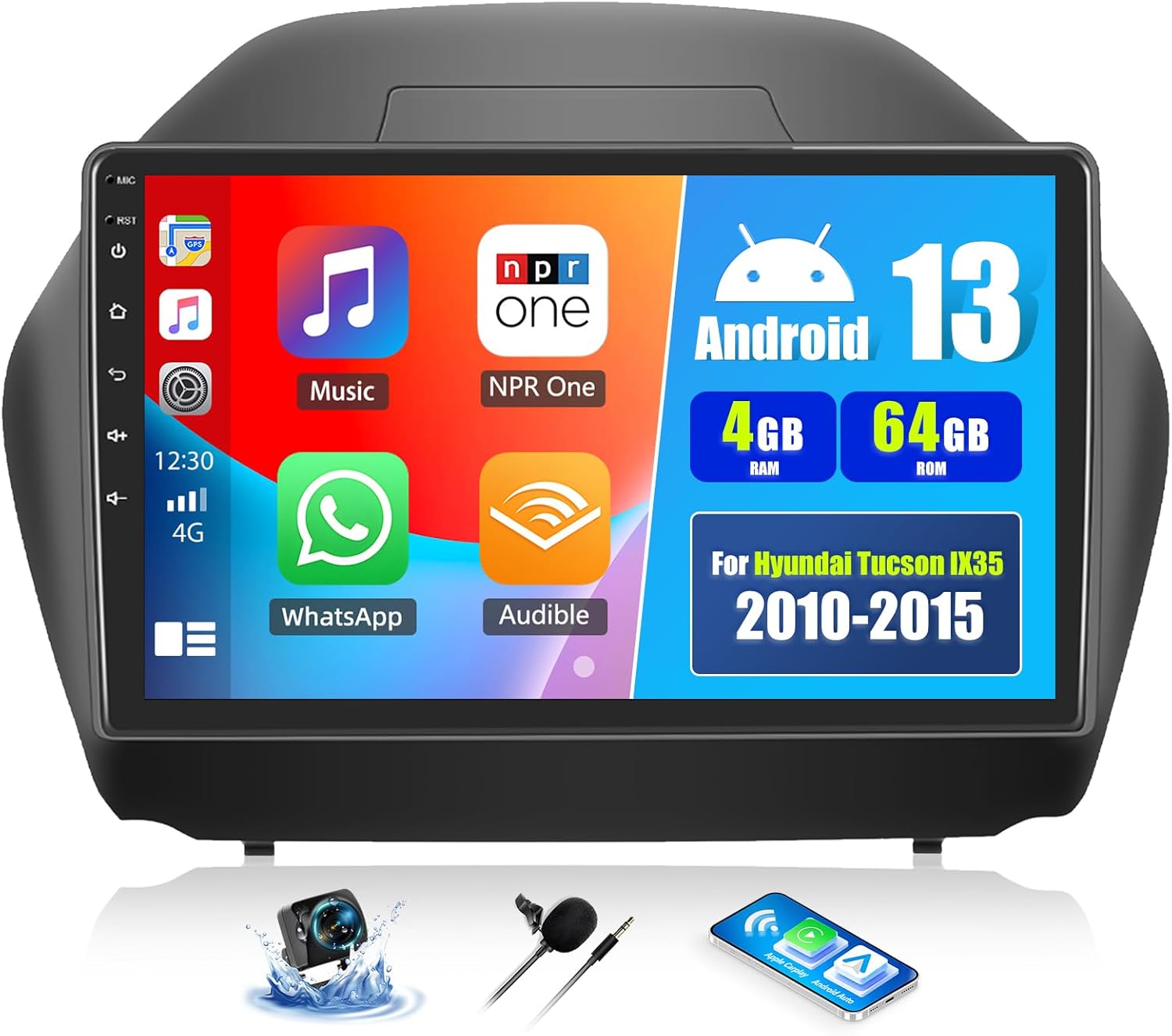 4+64G Android 13 Car Stereo for Hyundai Tucson IX35 2010-2015 with Wireless Carplay,10.1'' Touchscreen Car Radio with WiFi Mirror Link GPS Bluetooth FM RDS Radio DSP EQ SWC+AHD Backup Camera