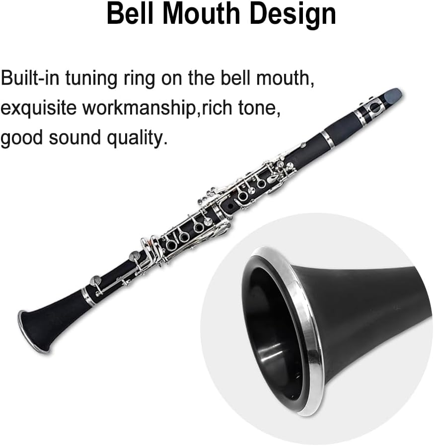 Bb Clarinet for Beginners & Students – Professional B Flat Clarinet 17 Keys with Ebonite Body, Nickel-Plated Keys, 2 Barrels, Cleaning Cloth & Gloves, Carrying Case