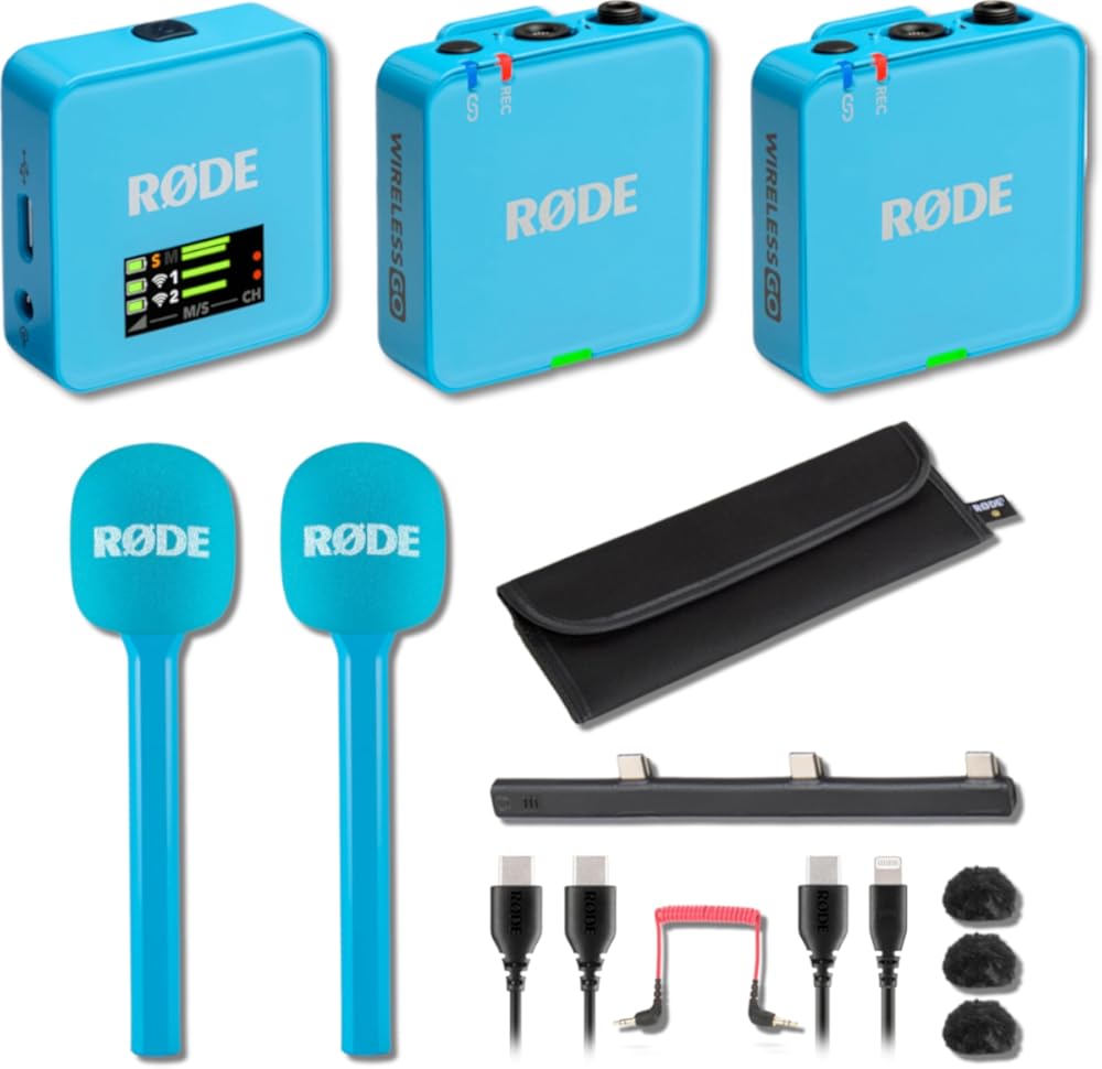 Rode Wireless GO (Gen 3) Compact Wireless Microphone System (Blue) with 2X Blue Interview GO Handheld Adapters