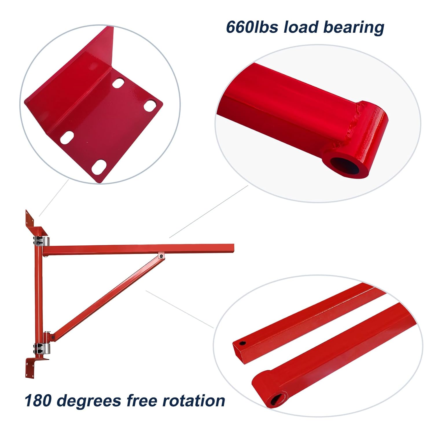 Wall Mount Jib Crane, Hoist Bracket, All Steel Construction 660 lb Capacity, 180 Degree Rotation, Red 120R-B (Hoist not Incl.)