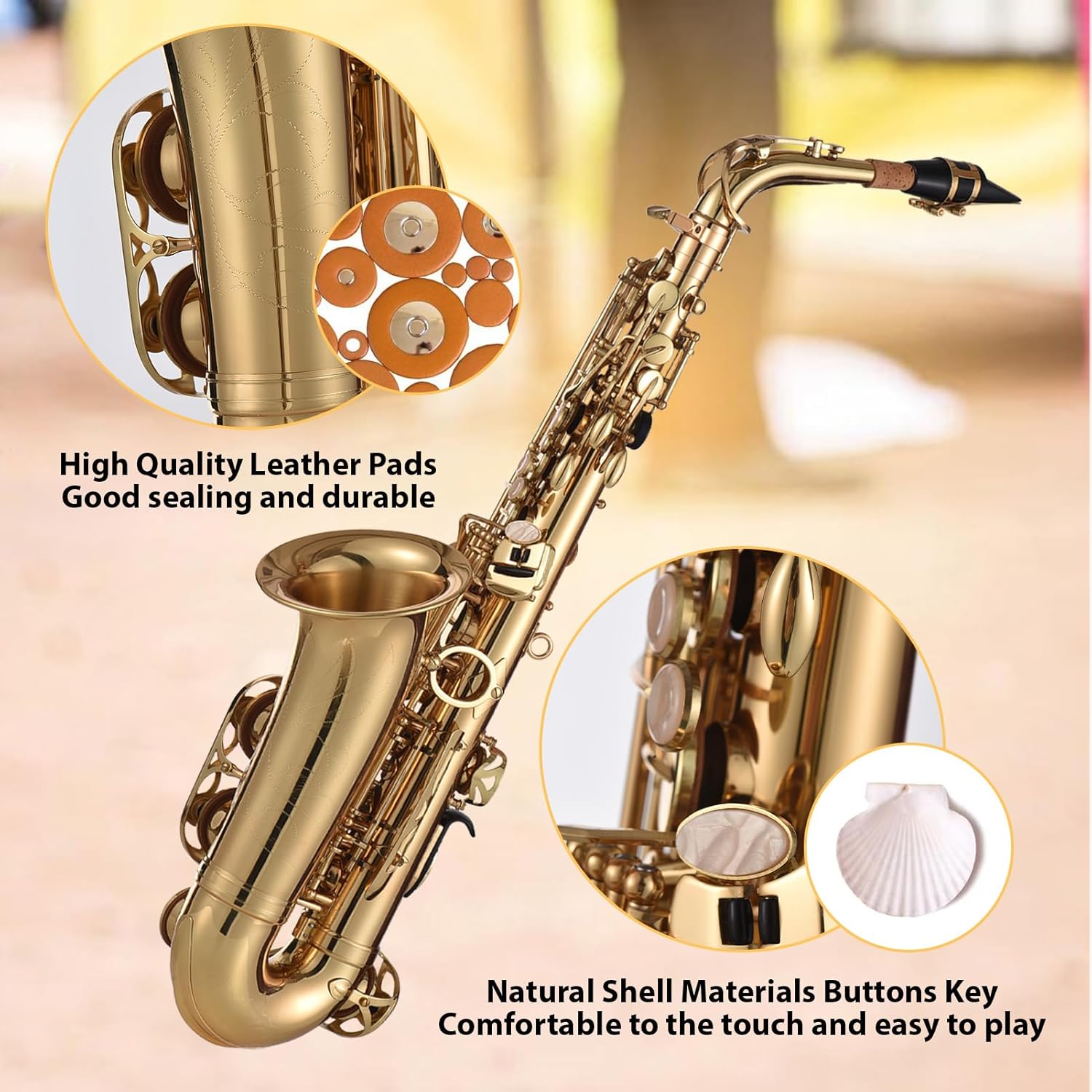 EB Alto Saxophone Brass Lacquered Gold E Flat Sax 875 Key Type Woodwind Instrument with Cleaning Brush Cloth Gloves Strap Padded Case