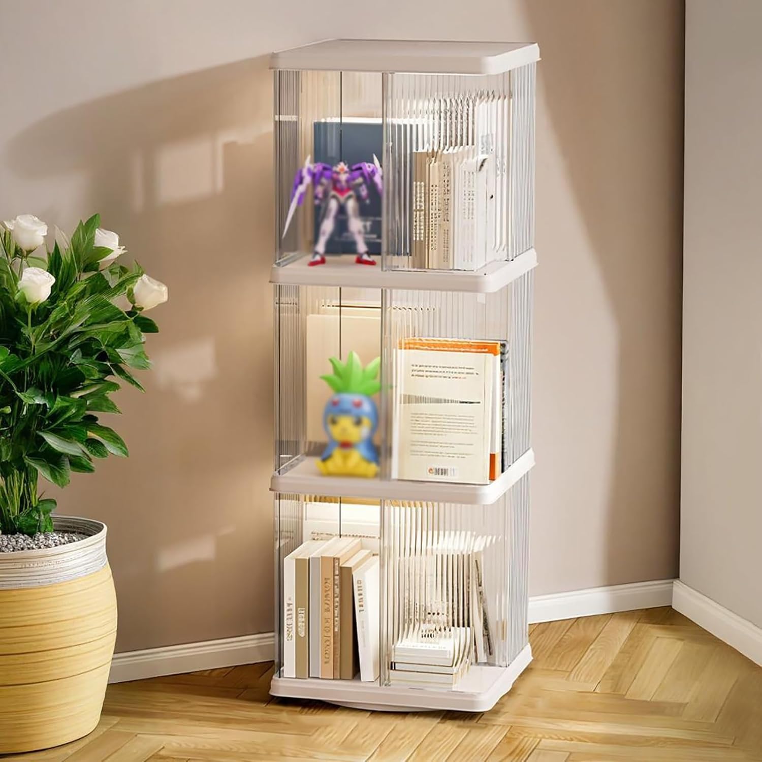 Rotating Bookshelf, Spinning Book Tower Swivel Bookcase, Round Book Shelf, for Small Space Freestanding Corner Bookcase for Playroom Bedroom Living Room(White 2,102cm/40.1in)