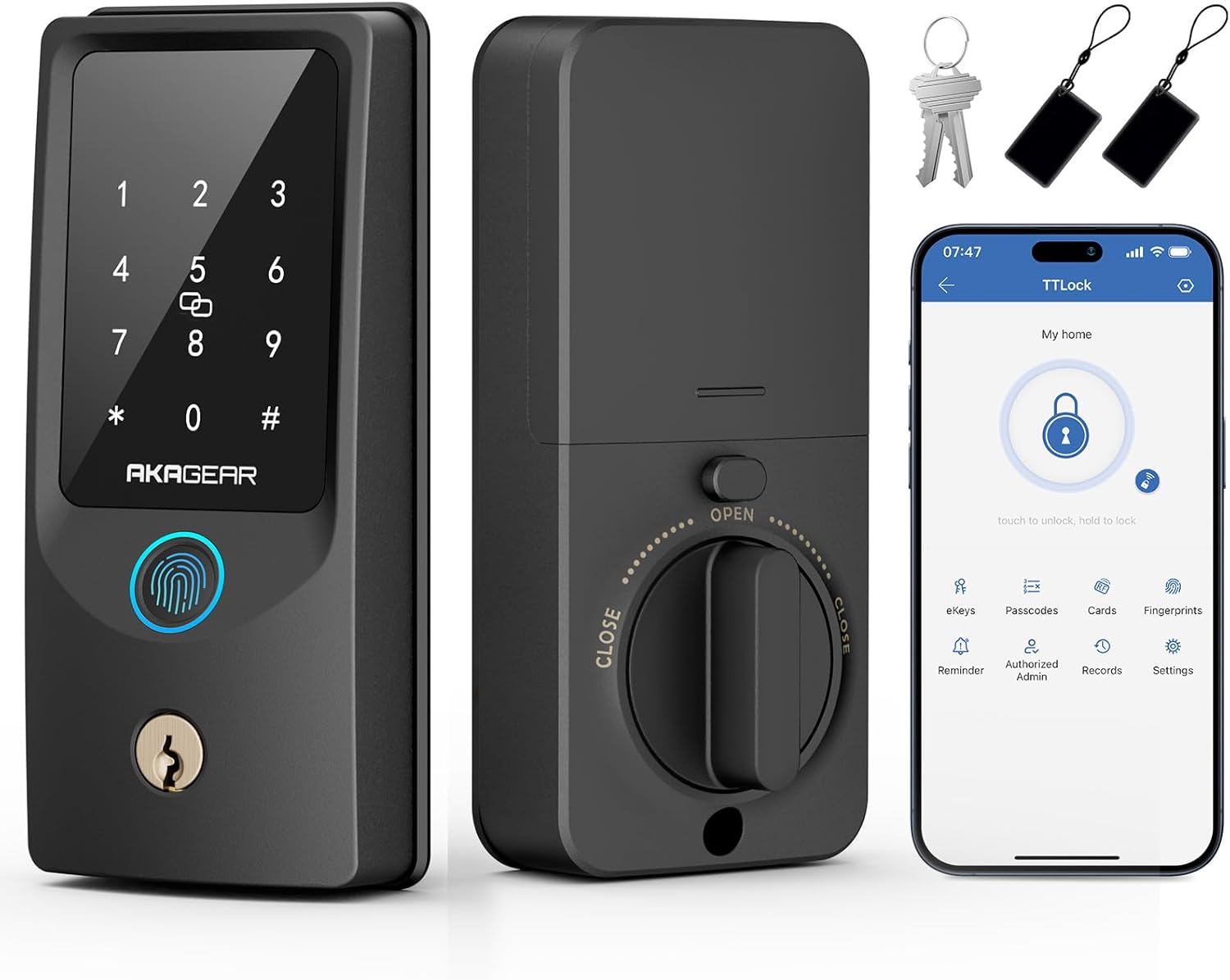 T02 Fingerprint Keyless Entry Door Lock - Built in WiFi, Smart Lock for Front Door, App Remote Control, Auto Lock, Keys, Fob Card, PIN Code Unlock, Touch Keypad Deadbolt with Batteries, Black