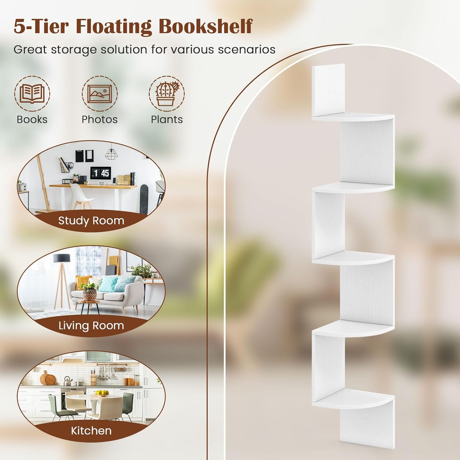 GOFLAME Corner Shelf Wall Mounted Set of 2, 5-Tier Floating Corner Bookshelf, Wood Plant Stand, Modern Floating Display Rack for Living Room, Bedroom, Study, Home Office, White