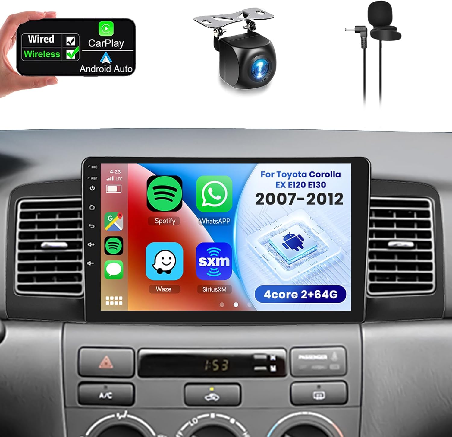 Car Radio Stereo for Toyota Corolla EX Screen 2007-2012[2G+64G] Android Wireless Carplay Android Auto 9“ Touch Screen Bluetooth Car Audio,GPS,WiFi,FM/RDS,SWC+AHD Backup Camera for Corolla Radio