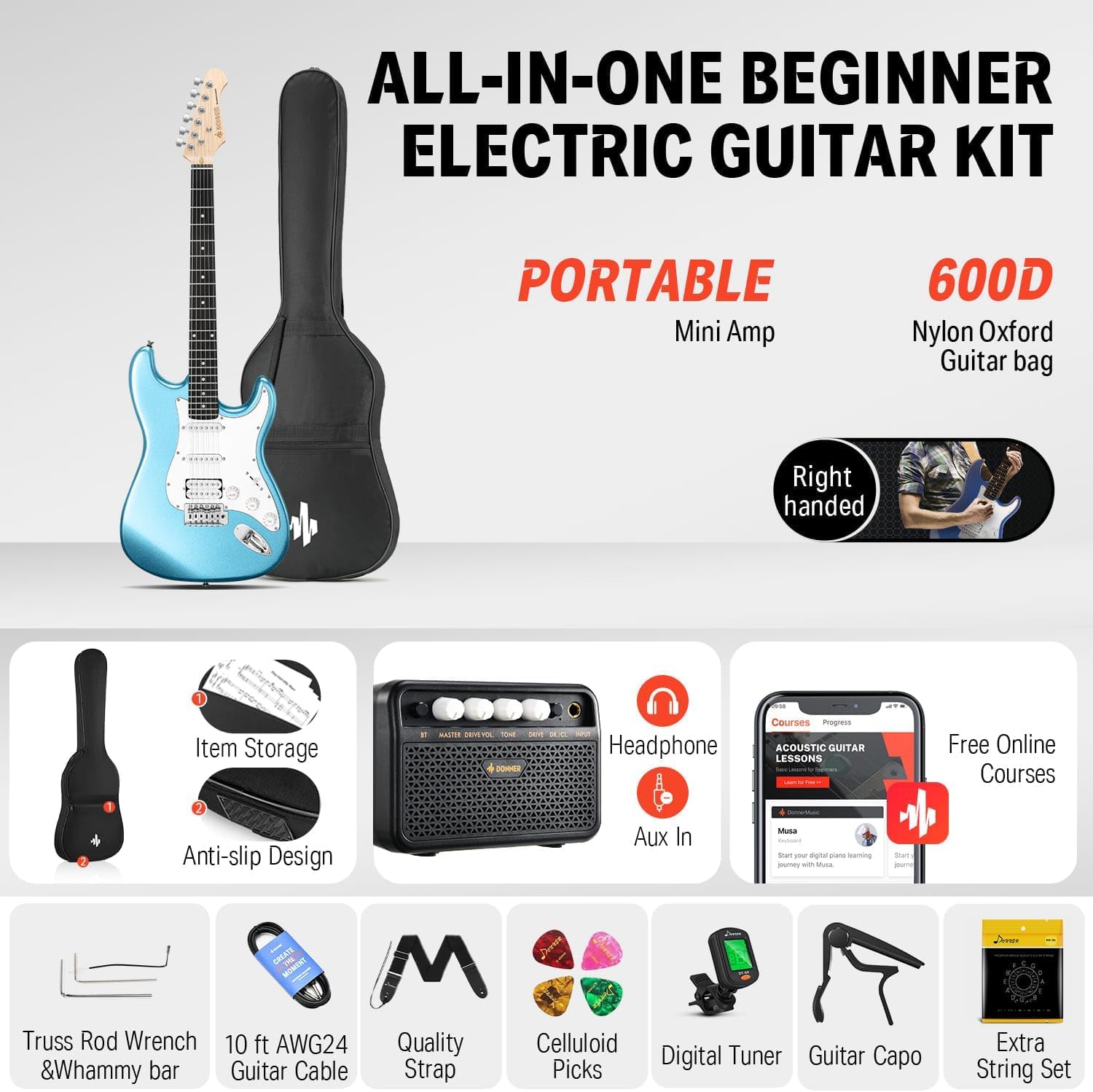 Donner DST-100T 39 Inch Electric Guitar Beginner Kit-Guitar Headphone Amp