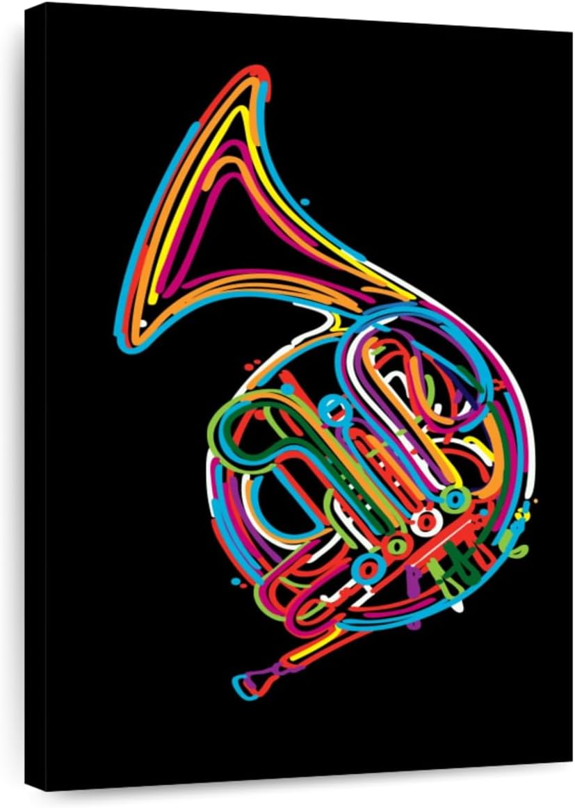 ElephantStock - French Horn In Colors Wall Art - Vertical Canvas Wall Art - Living Room Wall Decor - Digital Art Music Canvas Art - Black And Turquoise Decor - 34