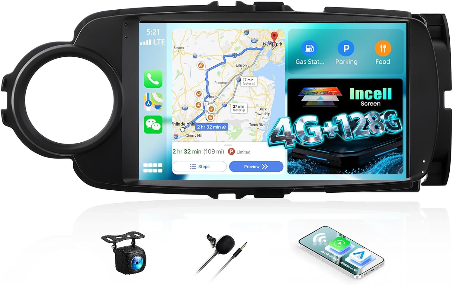 4G+128G Andriod Car Radio for Toyota Yaris 2012 2013 2014 2015 2016 2017 with CarPlay Android Auto 9 Inch Incell Touch Screen with GPS Navigation WiFi Backup Camera Mic