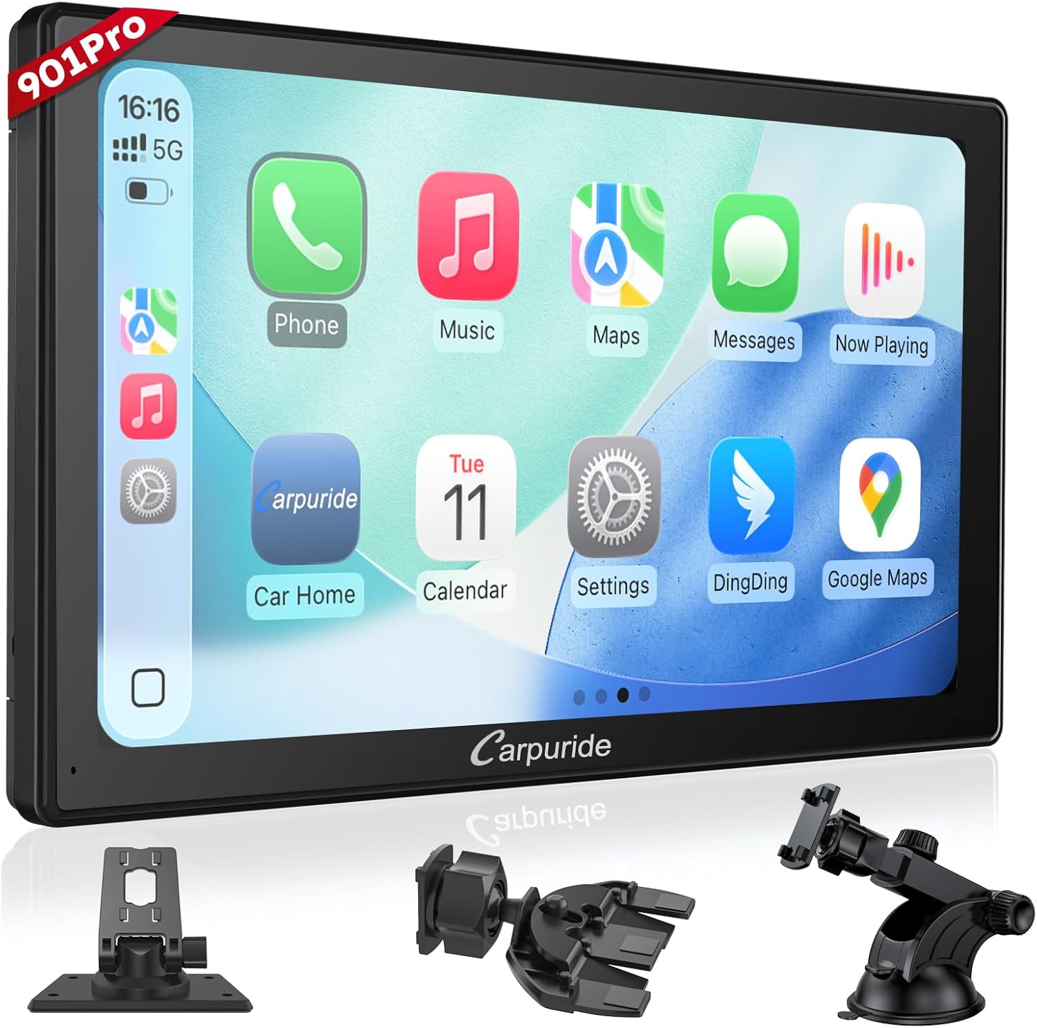 Carpuride W901 Pro with Wireless Bluetooth Transmission Portable Carplay & Android Auto Car Stereo, 9 inch 1080P Touch Screen, Mirror Link/GPS/Siri/FM, with 3 Bracket