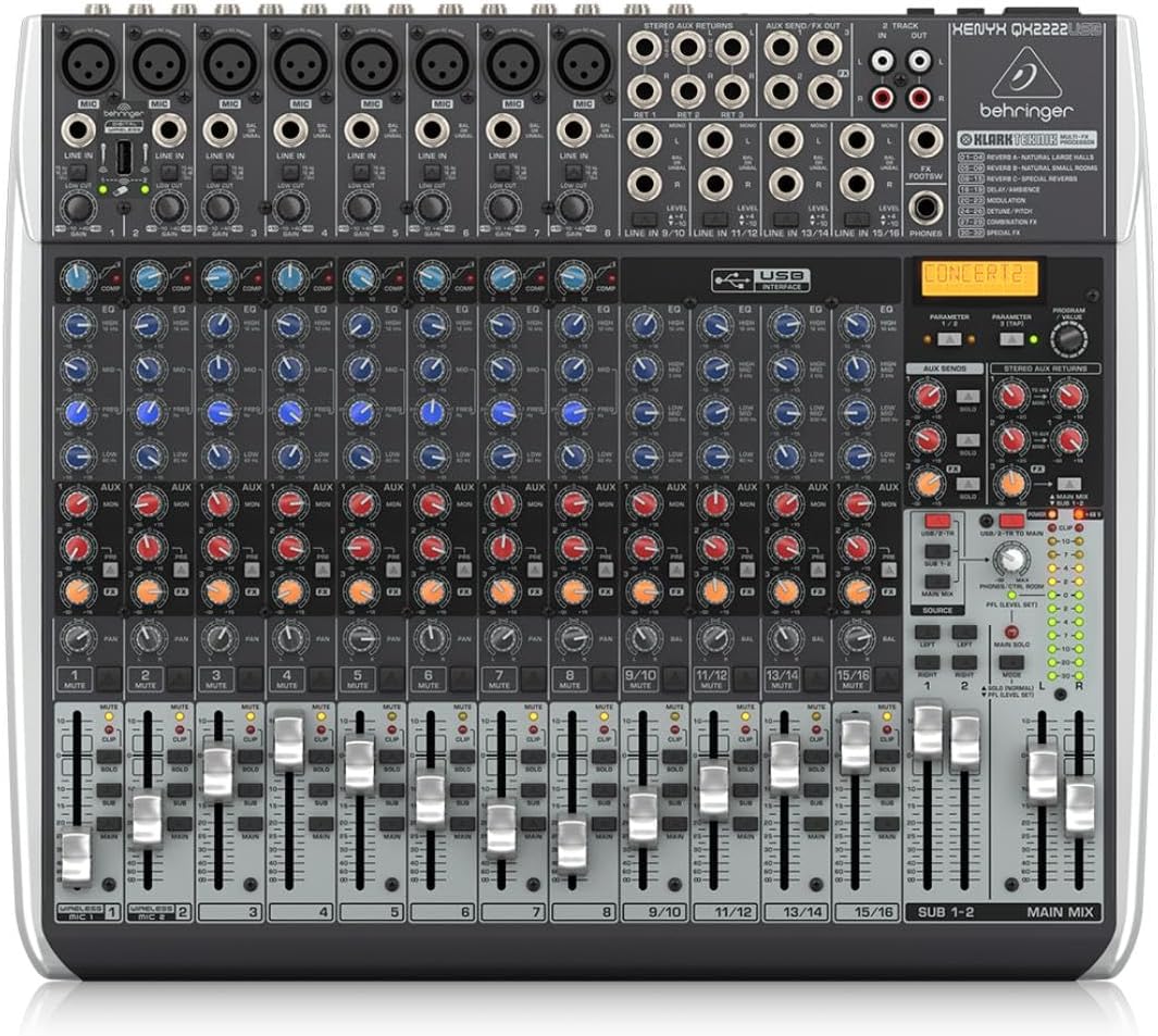 Behringer XENYX QX2222USB Premium 22-Input 2/2-Bus Mixer with XENYX Mic Preamps and Compressors, Klark Teknik Multi-FX Processor, Wireless Option and USB/Audio Interface