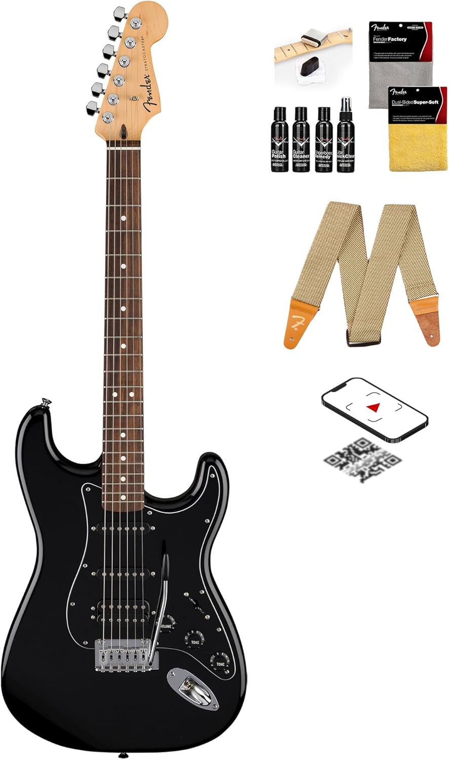Fender Standard Stratocaster HSS - Black Bundle with Strap, Guitar Cleaning Kit and Austin Bazaar Instructional Video