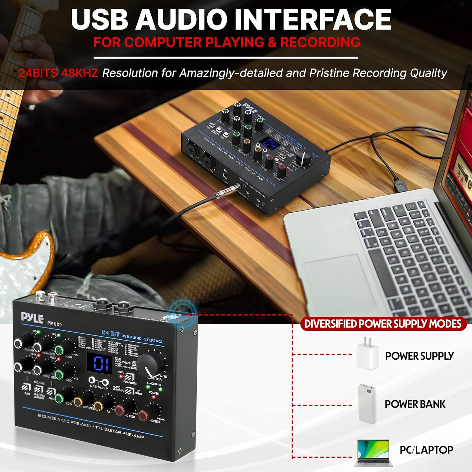 Pyle USB Audio Interface - MIC/LINE - Guitar - AUX Stereo & RCA Inputs - Preset 24 Digital Effects - Phantom Power - Phone/Stereo/Monitor/Headphone Outputs - For Computer Playing & Recording - PMUX9