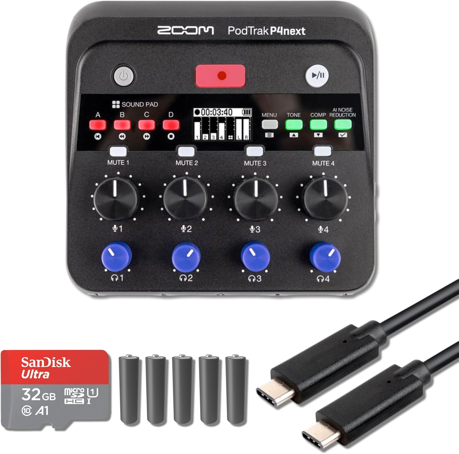 Zoom PodTrak P4next Audio Interface with USB 3.0 Type C Cable, microSD Card, and 5x AA Batteries