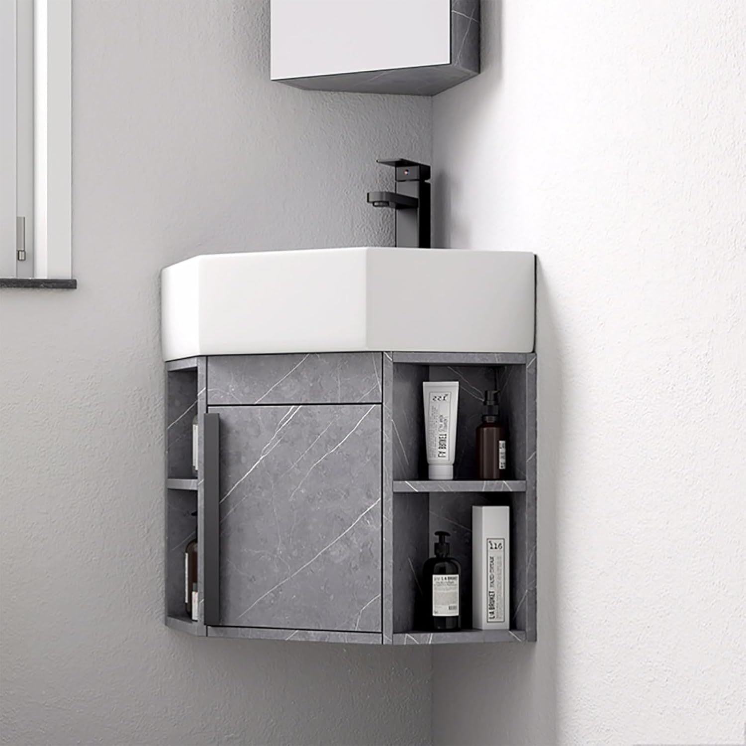 Corner Wall Mount Bathroom Sink Corner Bathroom Sink Corner Ceramic Sink Corner Bathroom Vanity Corner Bathroom Vanity with Sink Corner Balcony Sink with Storage Container(17.7in/45cm)