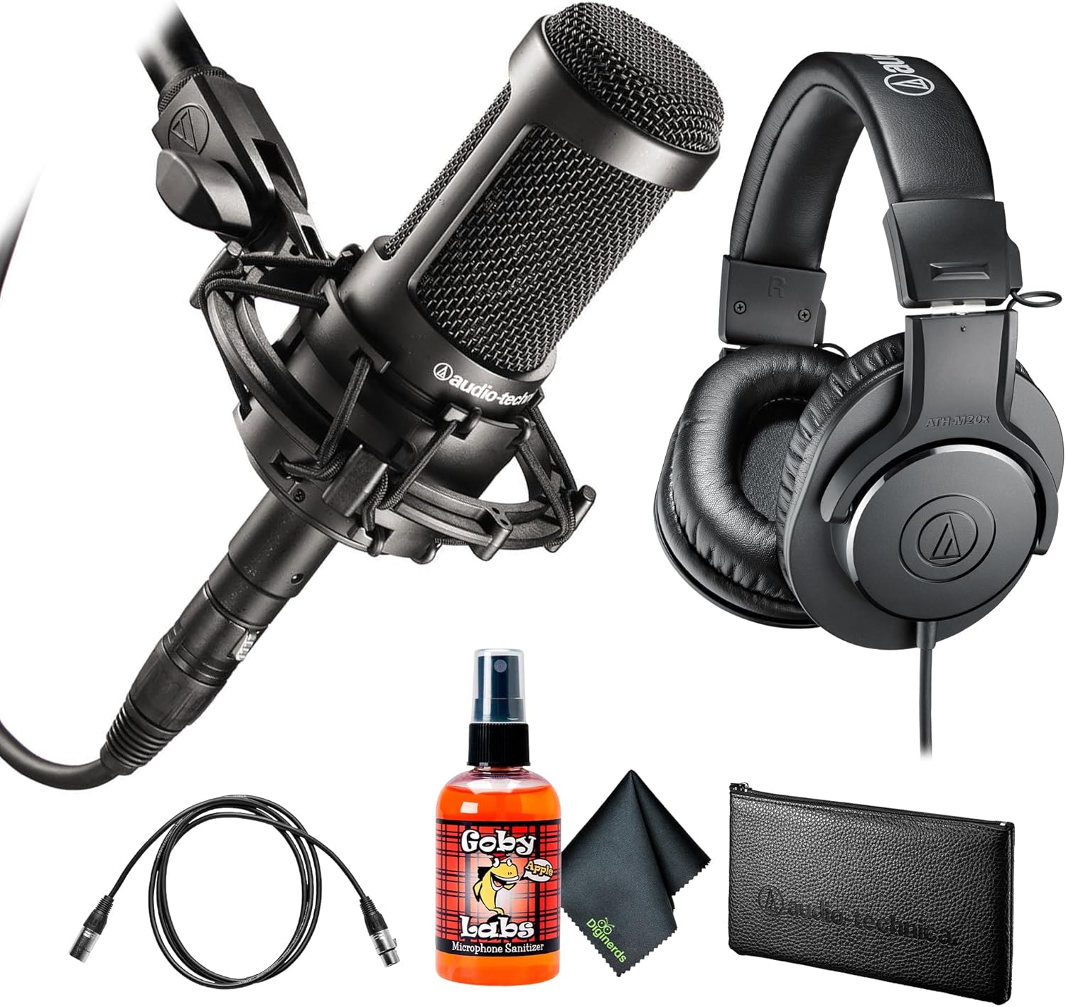 Audio-Technica AT2035 Cardioid Condenser Microphone, Black ATH-M20x Studio Monitor Headphones, Black (AUD ATHM20X) + PodMaster Boom Broadcast/Podcast Boom Arm Mic Stand + More