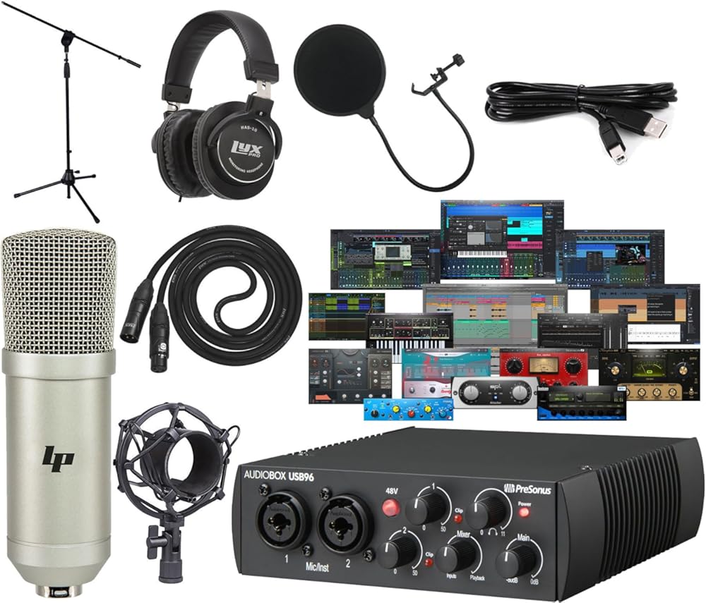 PreSonus AudioBox 96 25th Anniversary USB Audio MIDI Interface Recording Bundle with Studio One Artist DAW Cardioid Condenser Microphone Shockmount Pop Filter XLR Cable Mic Stand and Headphones