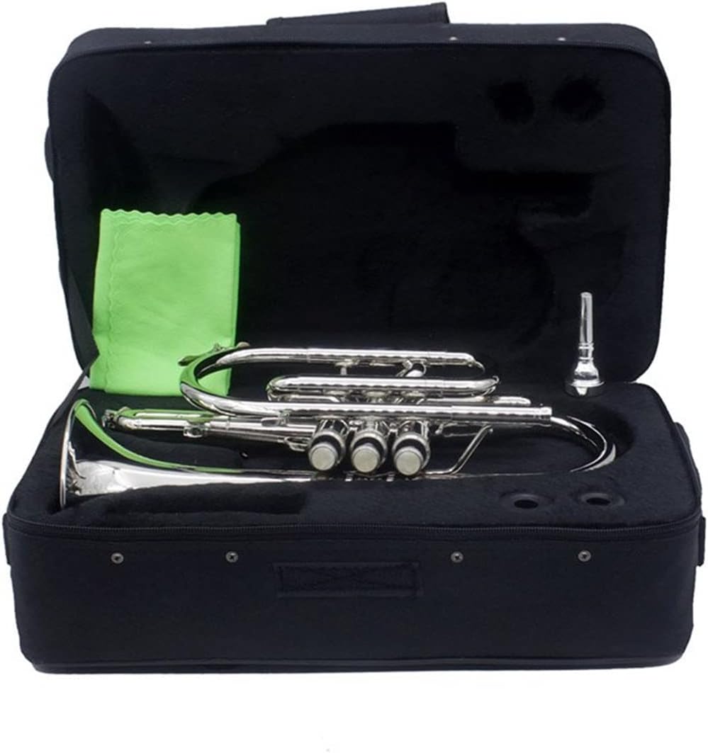 FLFL Student Trumpet Silver Professional Bb Flat Cornet Brass Instrument with Carrying Case Gloves Cleaning Cloth Brushes