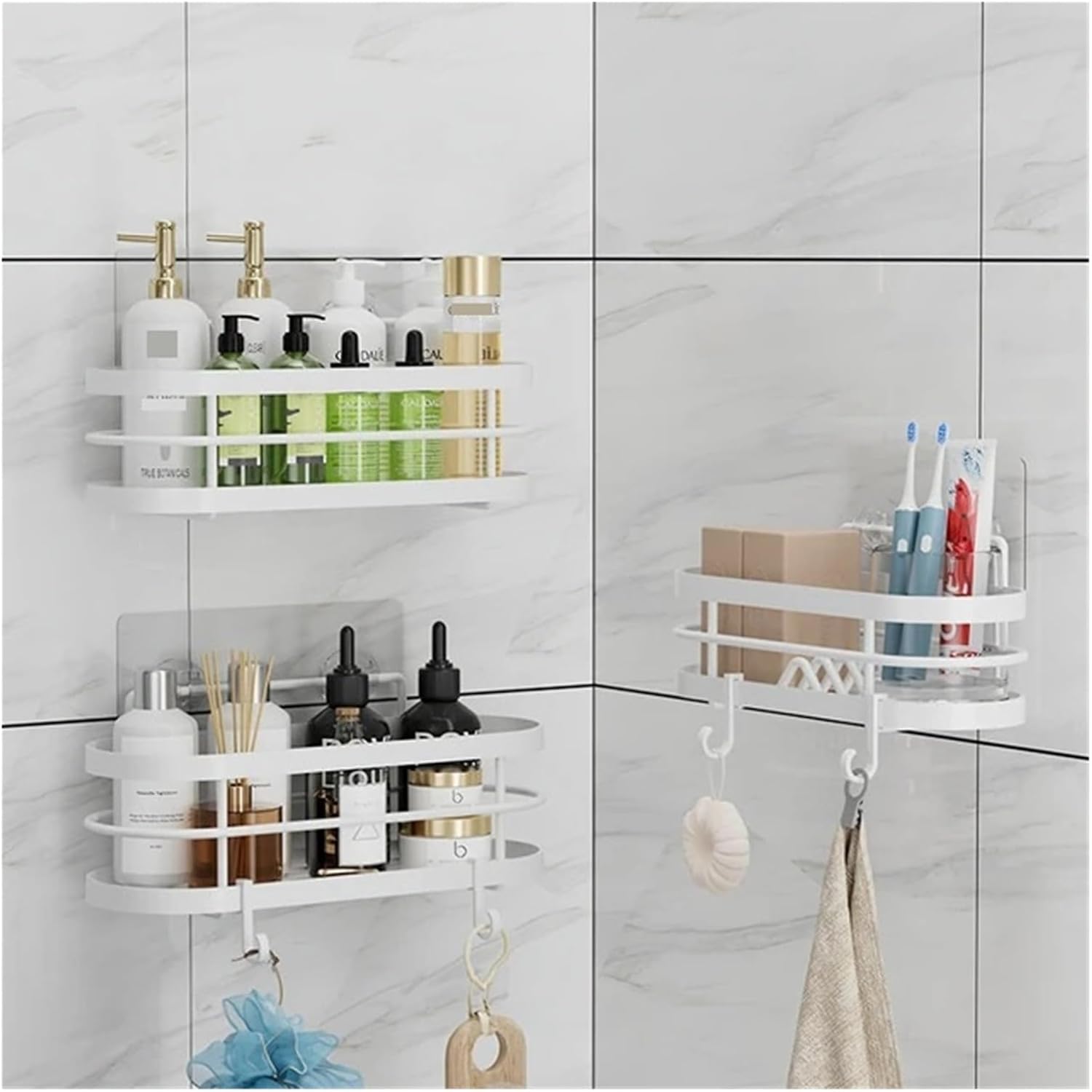 3-Pack Modern Shower Caddy Shower Organizer No-Falling Shower Shelves with Strong Adhesives Wall-Mount Rustproof Corner Shower(White)