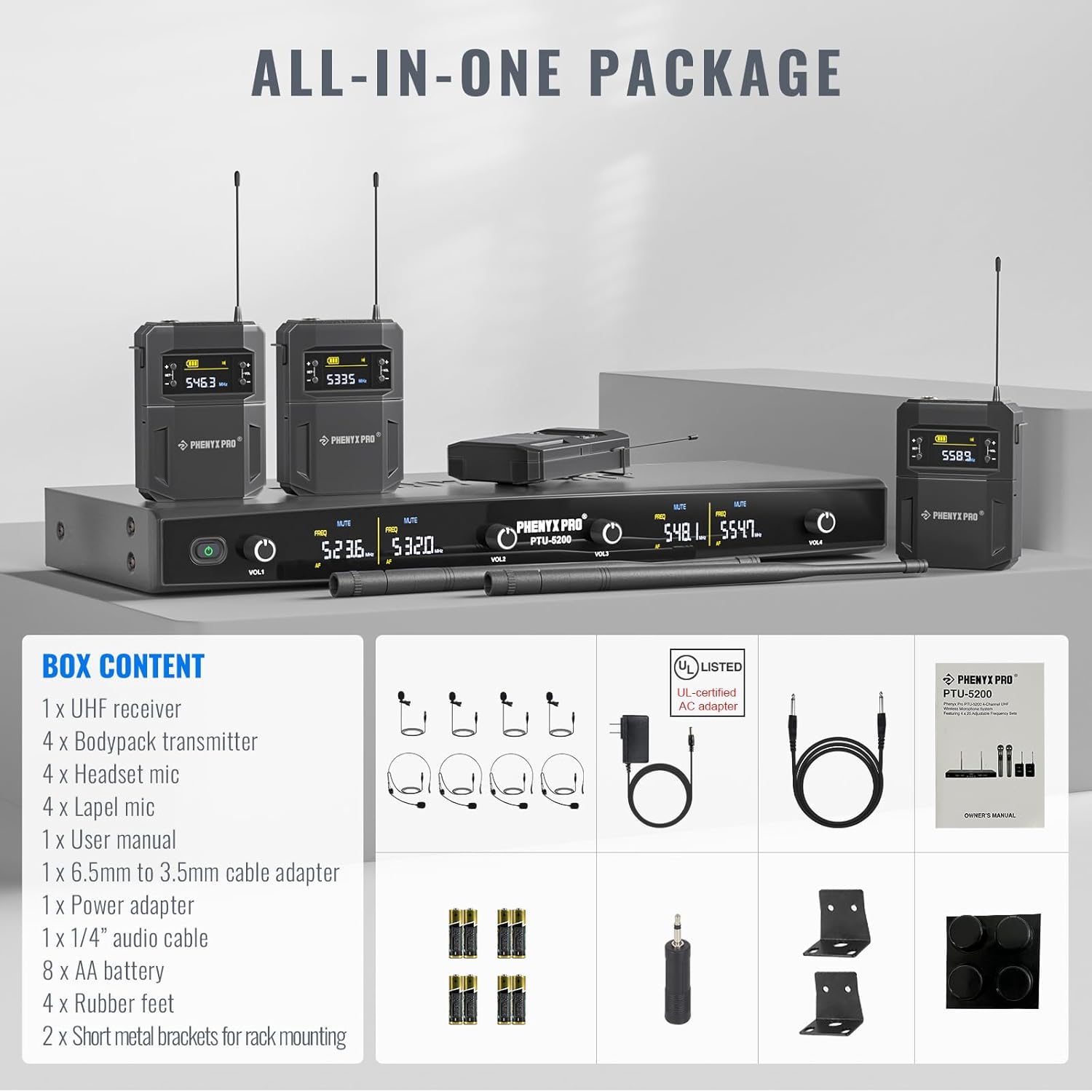 Phenyx Pro Wireless Microphone System, 4-Channel Wireless Mic Set w/ 4 Bodypacks and Headsets/Lapel Mics, 4x25 UHF Frequencies, 200ft Coverage, Cordless Microphone for Singing, Church (PTU-5200-4B)